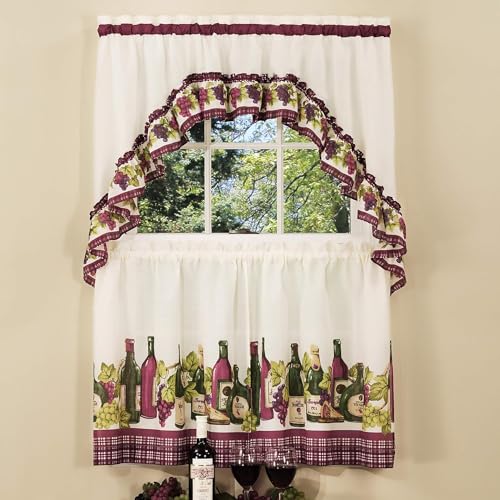 Light Filtering Printed Tier & Swag Window Curtain Set, 57 Inch Length, 24 Inch Width, Chardonnay, Machine Washable V65876