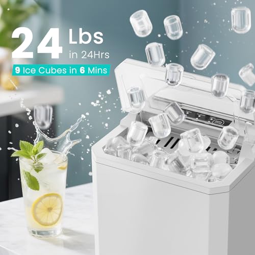 White Nugget Ice Maker Machine, 26lbs in 24Hrs, Auto-Cleaning Portable Ice Maker with Basket and Scoop T9648