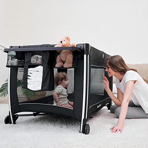 4 in 1 Portable Baby Crib with Bassinet, Mattress, Changing Table (Black) Q6865