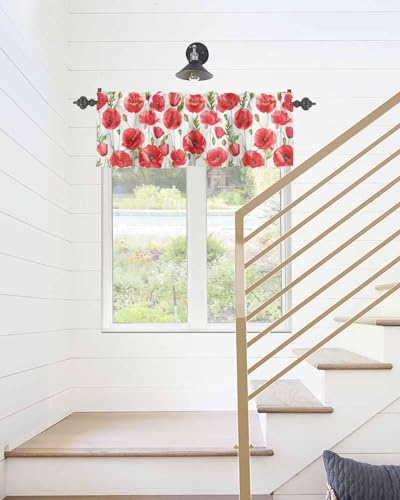 Watercolor Red Poppy Flower White Short Kitchen Curtains 54x18IN K9782