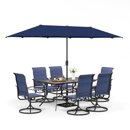 8 Piece Patio Dining Set with 6 Grey Sling Swivel Chairs, 1 Rectangular Metal Table and 1×13 FT Beige Outdoor Umbrella X773