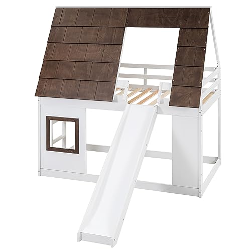 Twin-Over-Twin Wooden Bunk Bed with Storage, Gray+White P809609