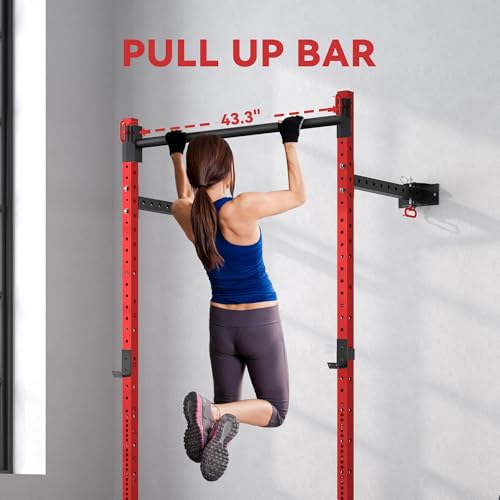 Red Wall Mounted Folding Squat Rack with Pull Up Bar, 1000 Pounds Capacity C116088