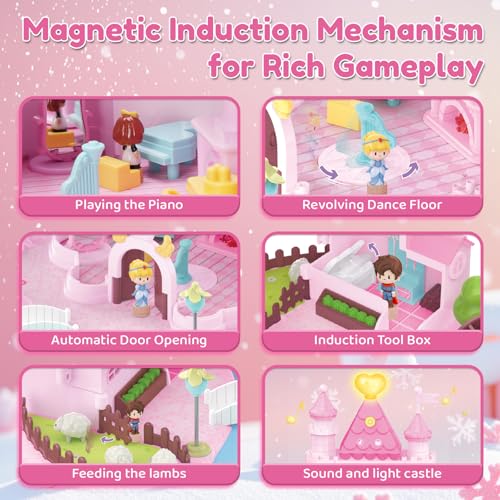 Castle Playset with 4 Magnetic Control Movable Toys, Magnetic Doll House Building Toys with Light & Music（Pink） I5163