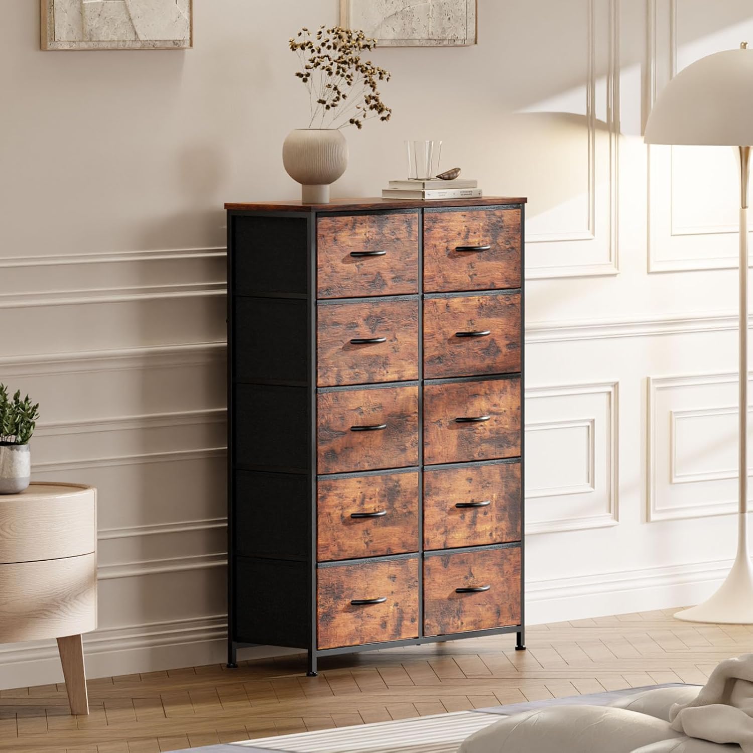 12 Drawers Fabric Dresser with Wood Top, Rustic Brown R27023