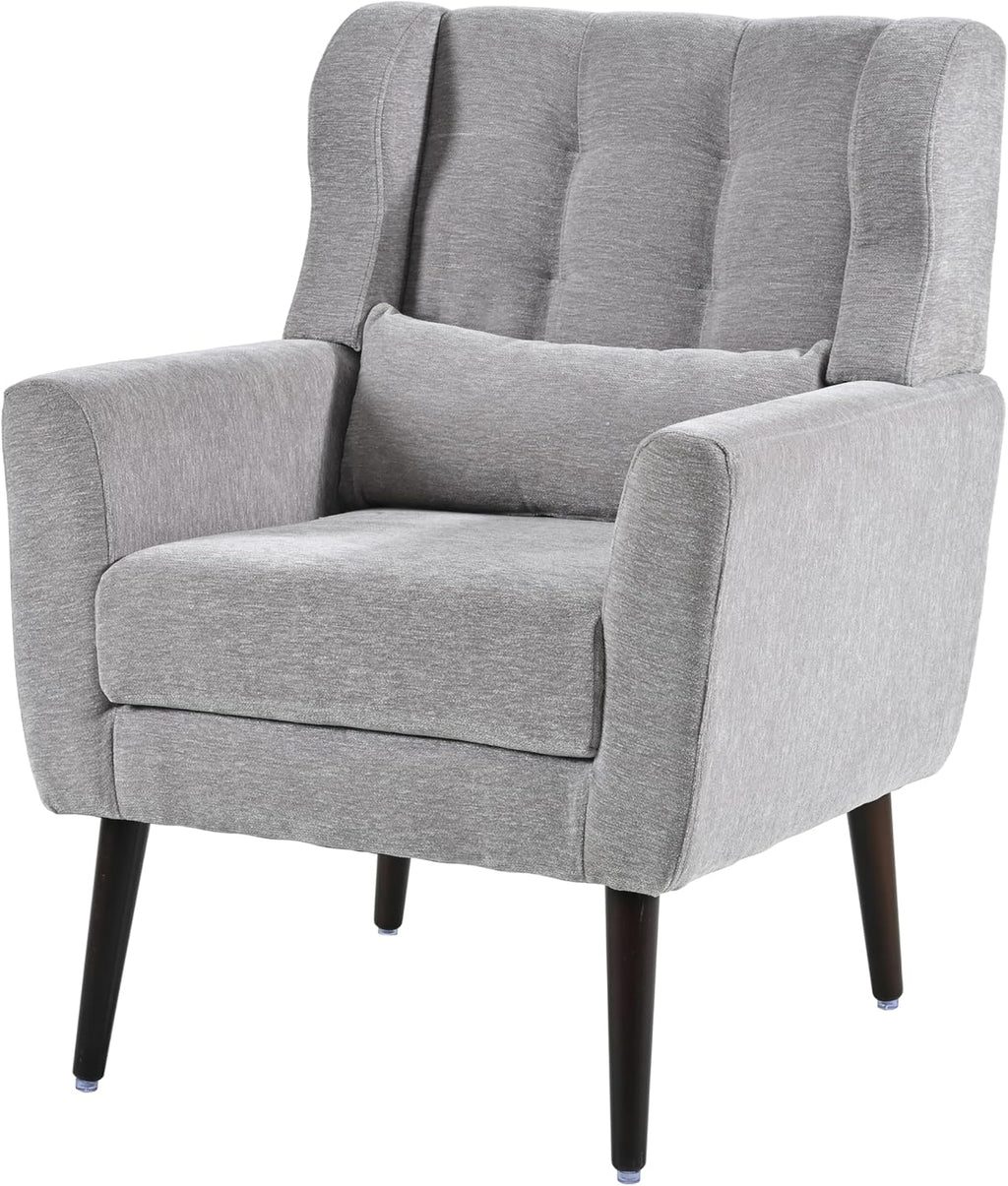 Chenille Upholstered Accent Chair with Pillow, Solid Wood Leg R35813