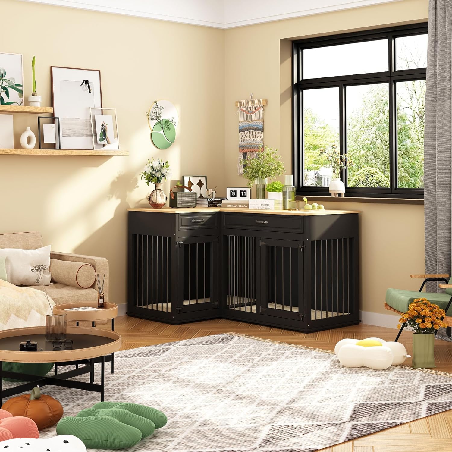 Large Corner Wooden Dog Crate with Double Rooms and Drawers, Black X303075