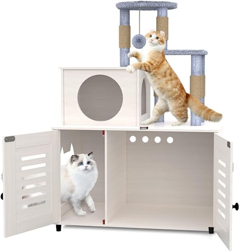 White All-in-one Cat Cabinet with Litter Box Enclosure, Scratching Post, Plush Perch and Divider M6423