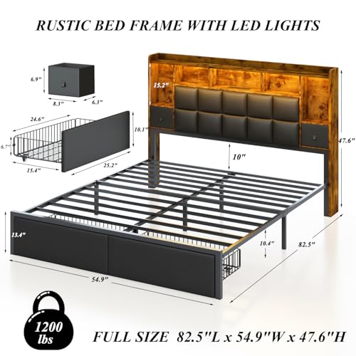Full Size LED Upholstered Platform Bed Frame with Bookshelf Headboard and 2 Hidden Storage Drawers C231257