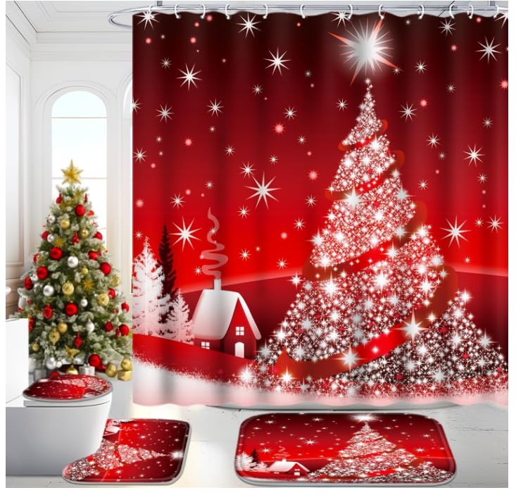Christmas Bathroom Set with Shower Curtain, Rugs, 12 Hooks O724272