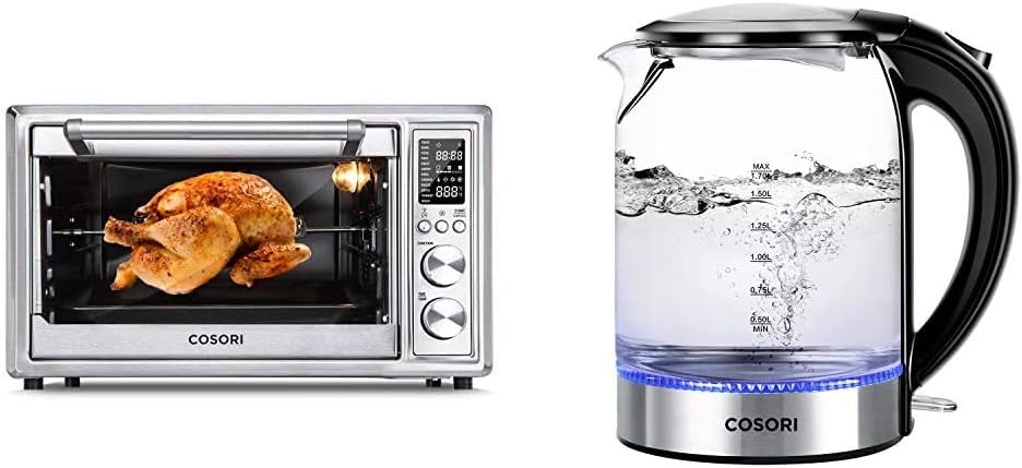 12-in-1 Air Fryer Toaster Oven Convection Roaster with Rotisserie & Dehydrator, 30L, Silver & Electric Kettle Glass Boiler Hot Water & Tea Heater with LED Indicator Light, 1.7L, Black X3423