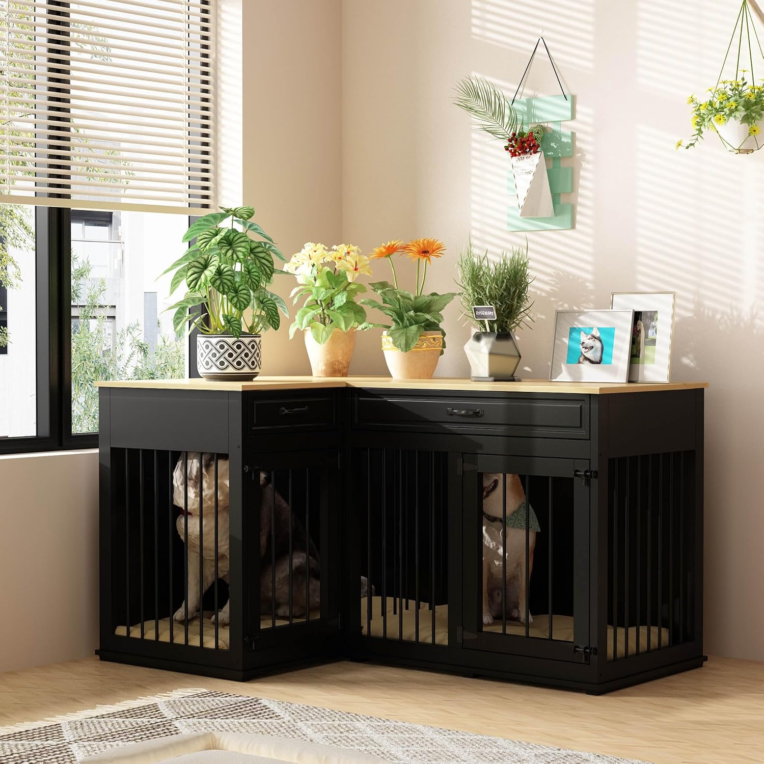 Large Corner Wooden Dog Crate with Double Rooms and Drawers, Black X303075