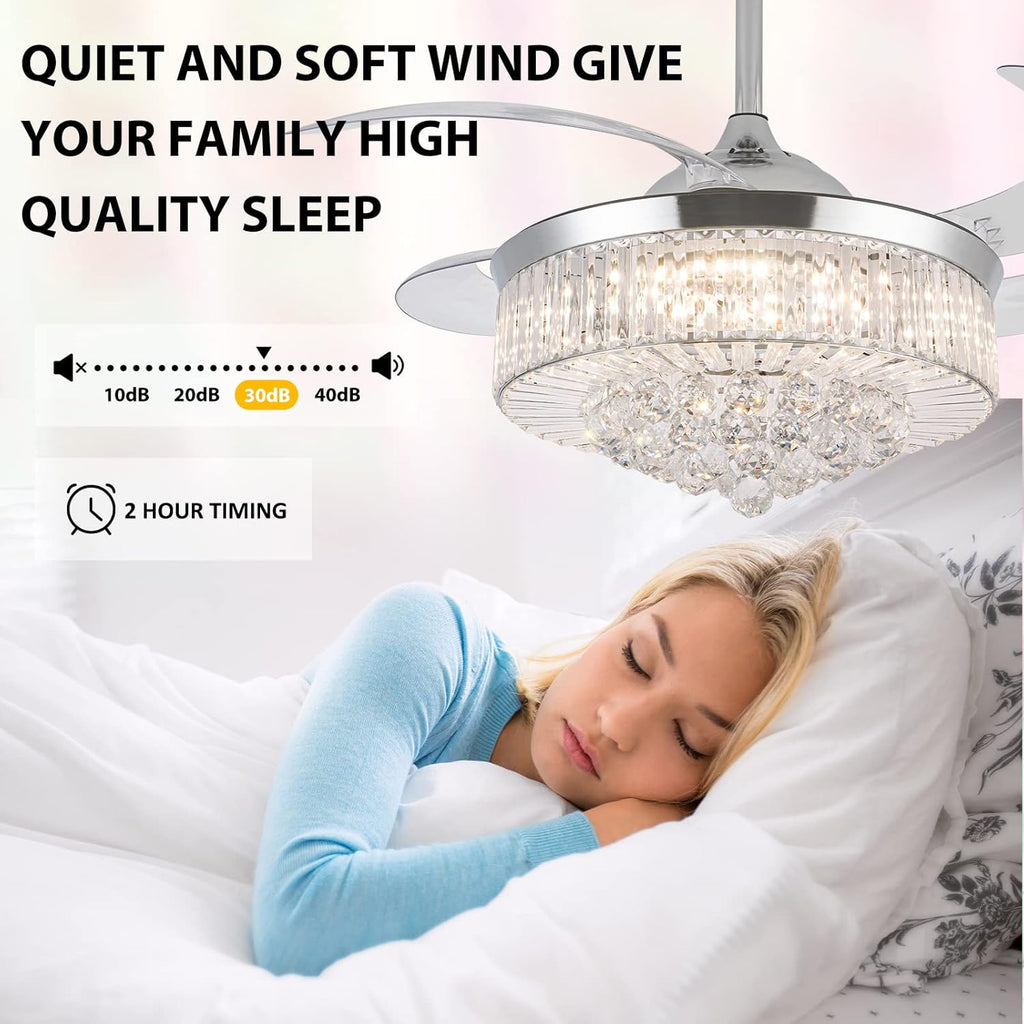 36 Inch Crystal Ceiling Fan with Lights, Remote Control Retractable Invisible Blades B9063