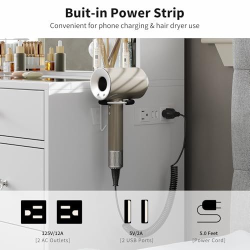 White Vanity Desk with Mirror and 10 LED Lights, 4 Shelves D428034