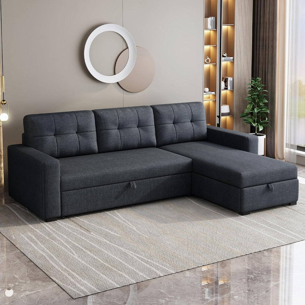 Dark Grey L Shaped Sleeper Sofa with Pull Out Bed and Storage M265