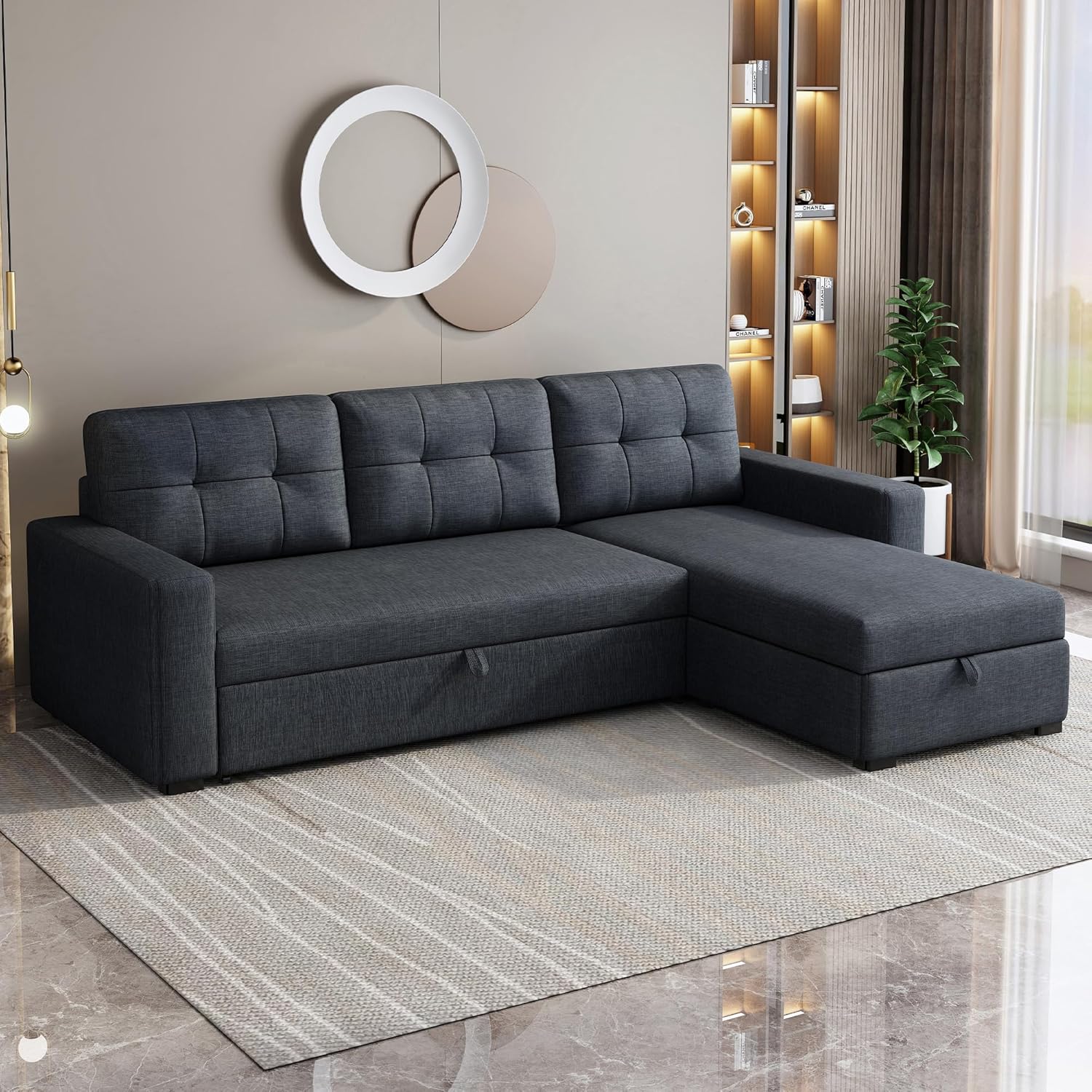 Dark Grey L Shaped Sleeper Sofa with Pull Out Bed and Storage M265