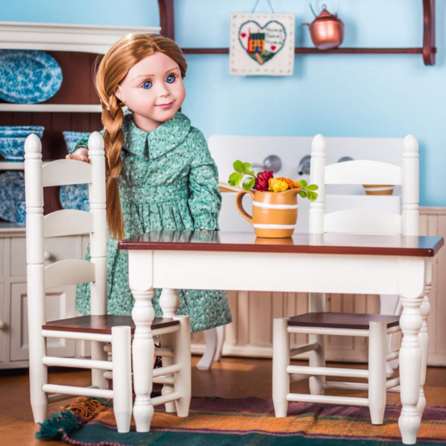 18 Inch Doll Furniture Wooden Kitchen Table and Two Chairs U7041