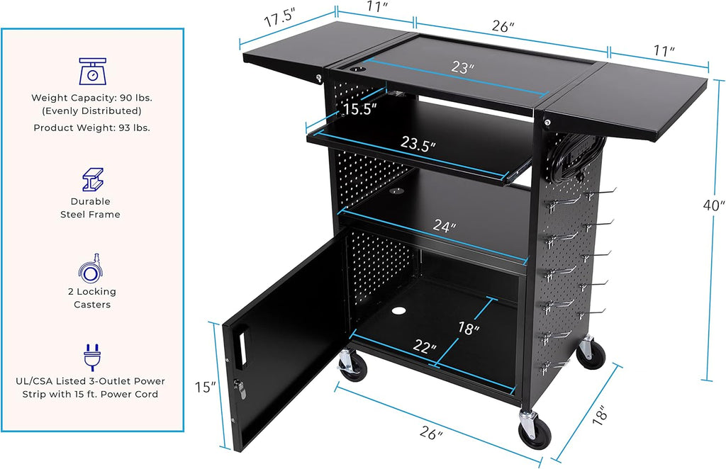 AV Cart with Pegboard Siding, 12 Hooks, Locking Cabinet, Pullout Keyboard Tray, Locking Wheels C50118