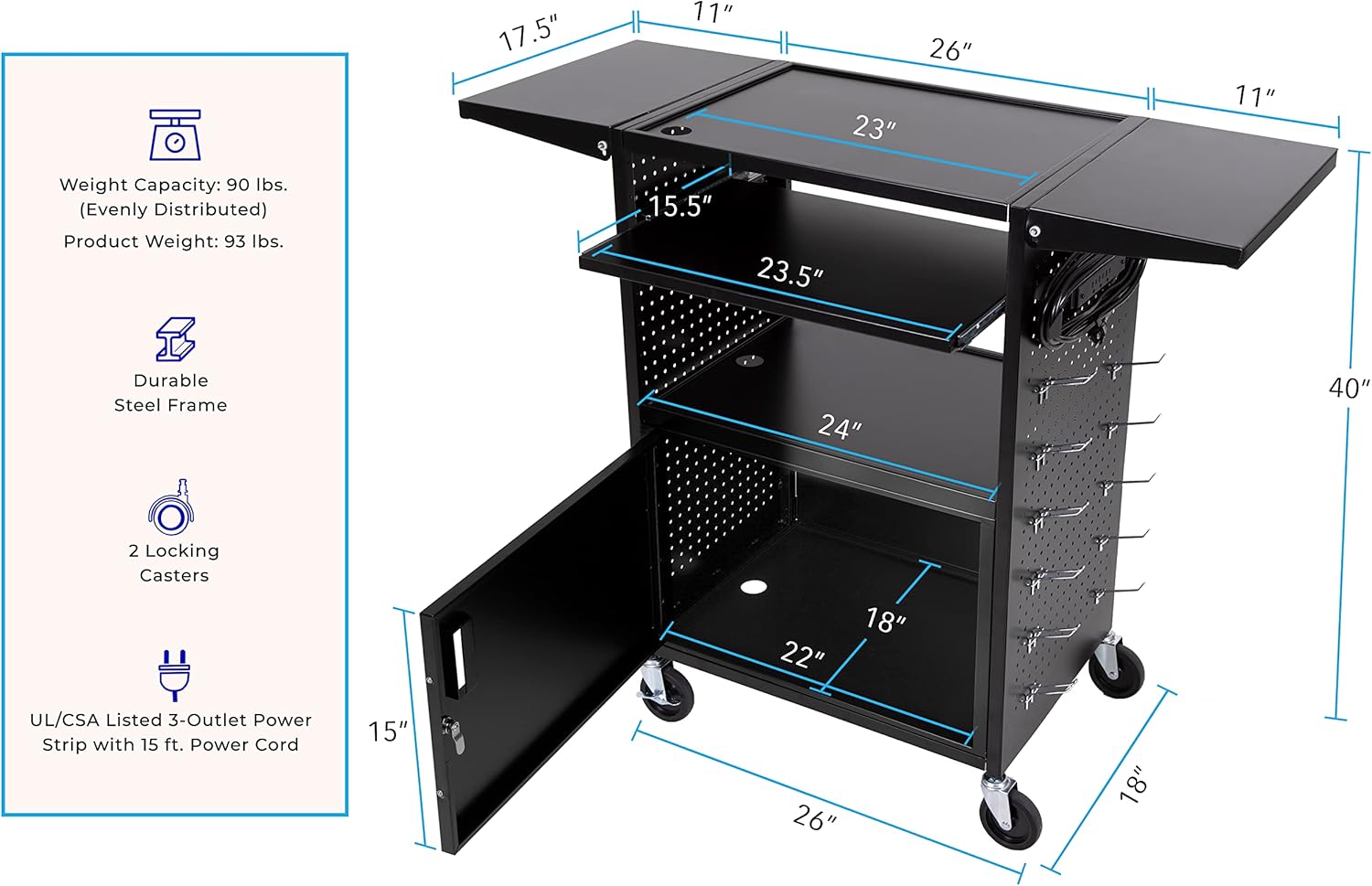 AV Cart with Pegboard Siding, 12 Hooks, Locking Cabinet, Pullout Keyboard Tray, Locking Wheels C50118
