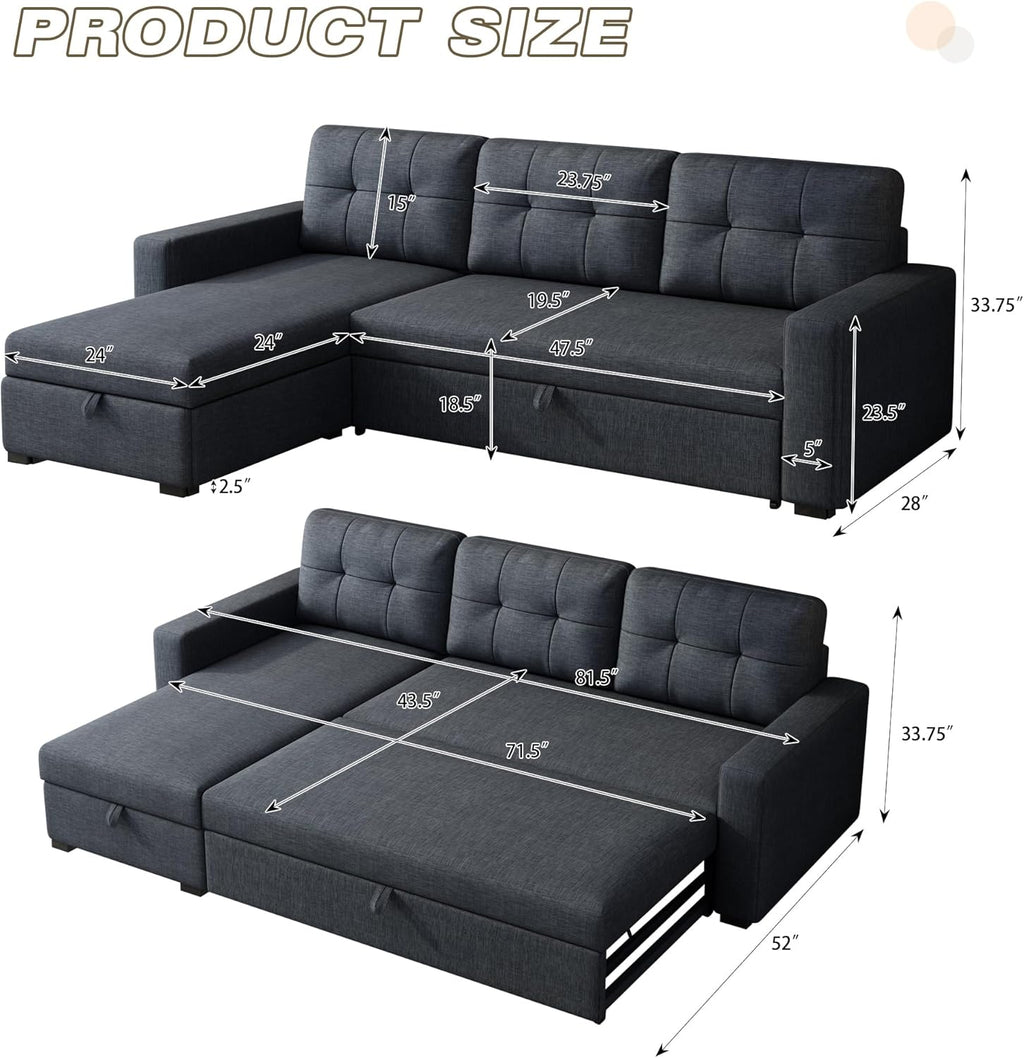 Dark Grey L Shaped Sleeper Sofa with Pull Out Bed and Storage M265