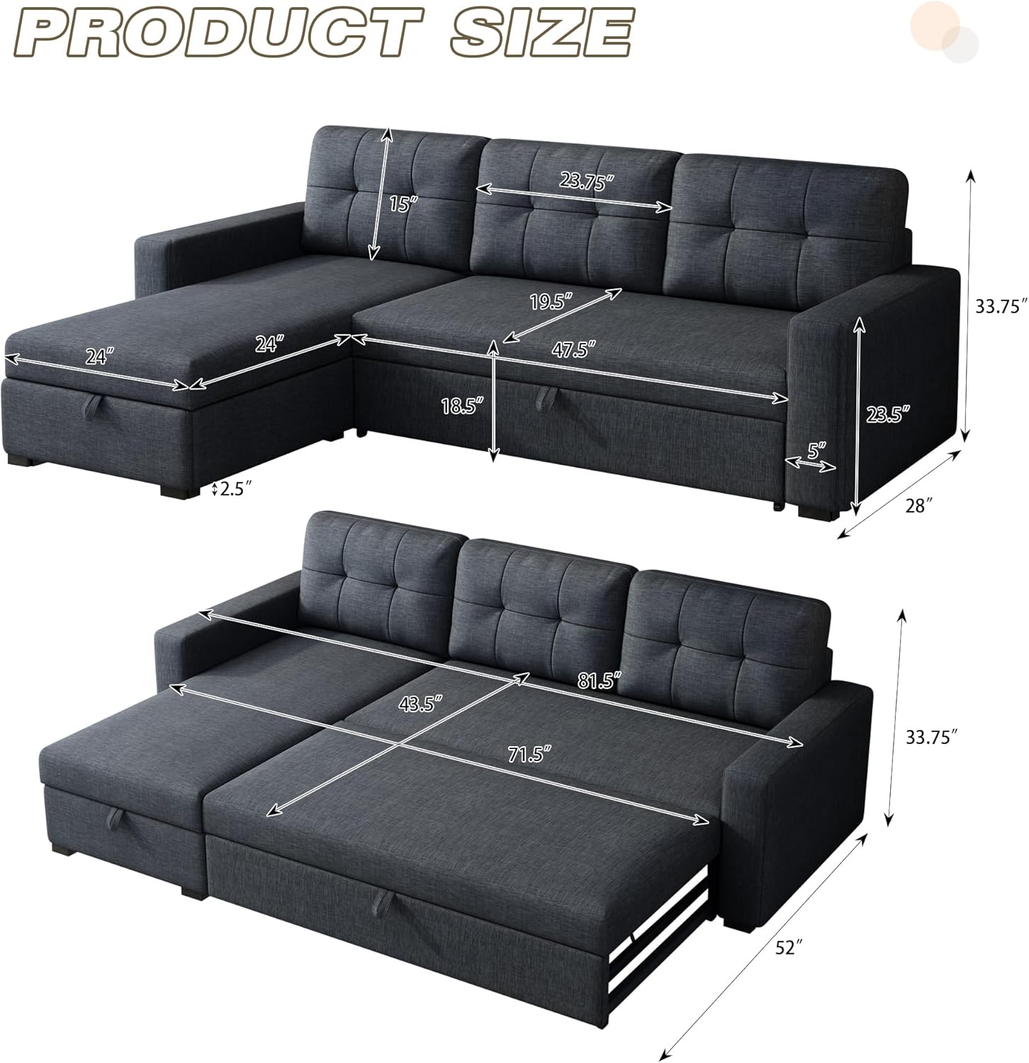 Dark Grey L Shaped Sleeper Sofa with Pull Out Bed and Storage M265