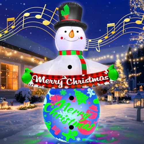 7FT Christmas Inflatables Snowman with Built-in Music & 360° Rotation Colorful Projector LED Light W59477