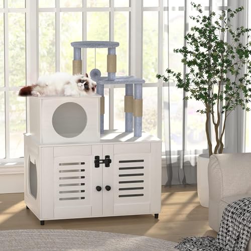 White All-in-one Cat Cabinet with Litter Box Enclosure, Scratching Post, Plush Perch and Divider M6423
