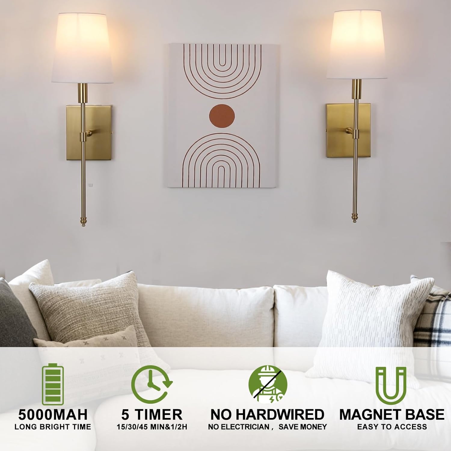 White Fabric Shade Set of 2 Battery Operated Wall Sconce Light with Remote Control Z375666