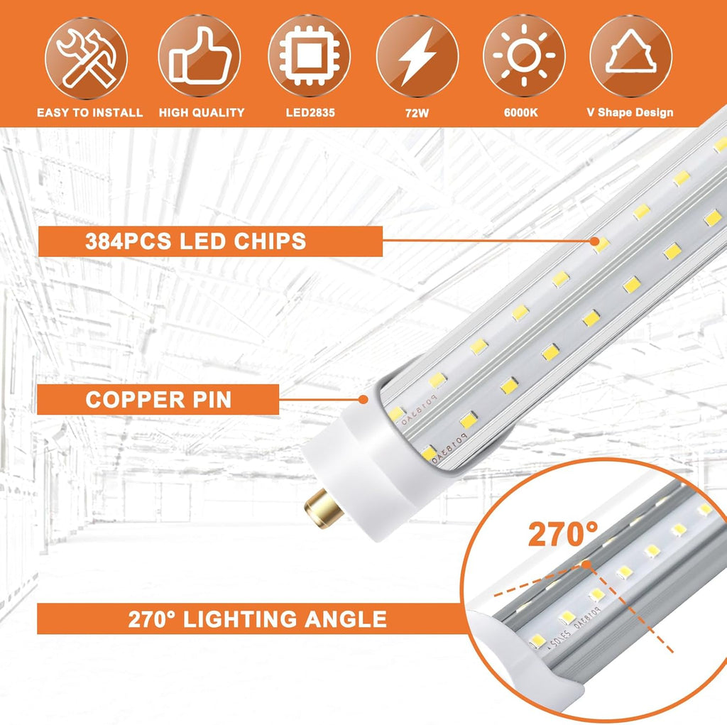 8ft 72W 6000K 10000lm T8 T10 T12 FA8 LED Bulbs (Pack of 12) W859