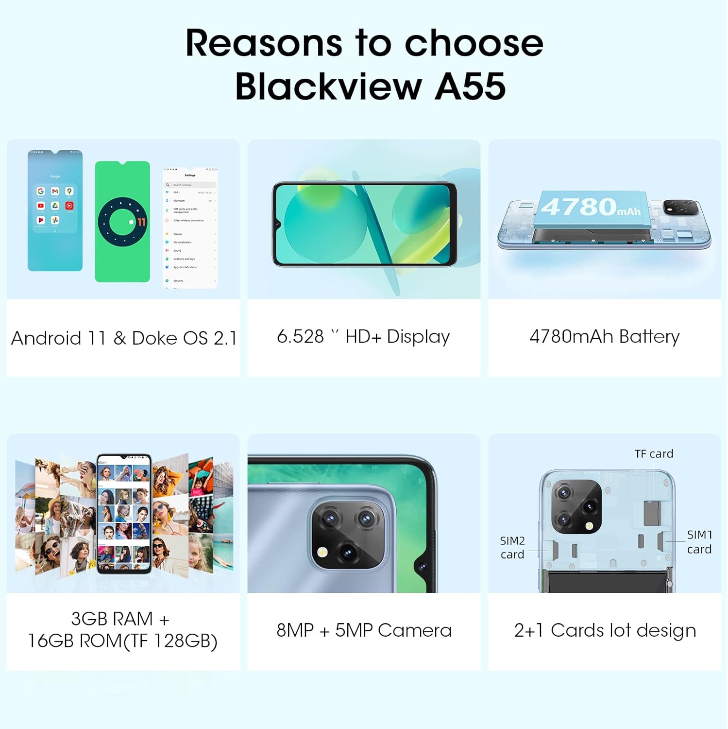 Blackview A55 Smartphone with 6.5" HD+ Display, 4780mAh Battery, 8MP Camera Q3089