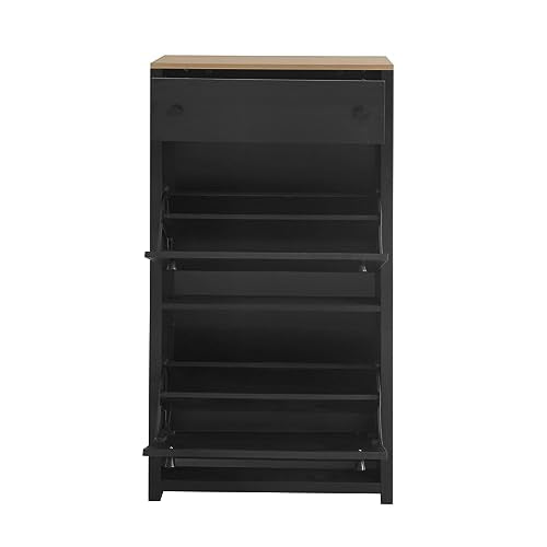 Black Narrow Shoes Cabinet with 2 Adjustable Shelves and Top Drawer O4892