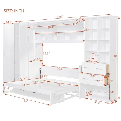 Gray Queen Size Murphy Bed with 5 Drawers and Storage Shelves Y4657