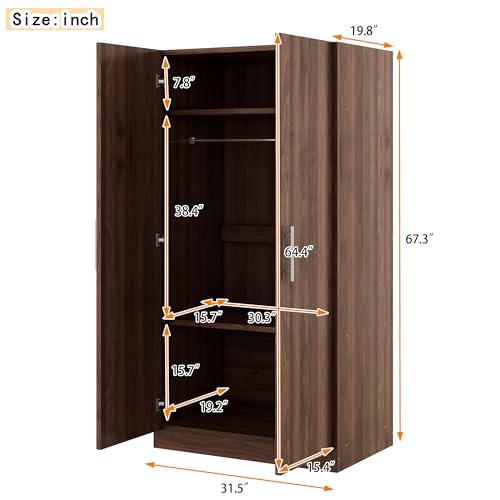 Brown Wooden Armoire Closet with 3-Shelves and Hanging Rail M46014