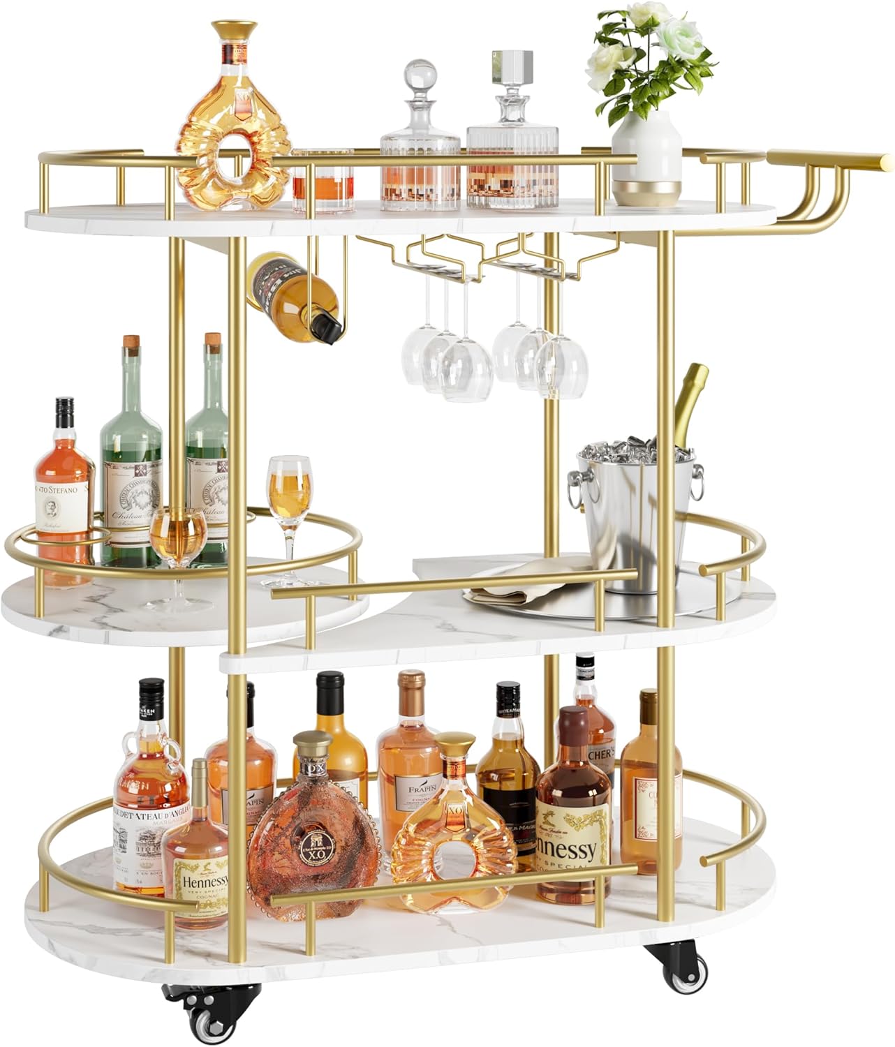 Gold 3 Tier Rotating Bar Cart with Wheels N514608