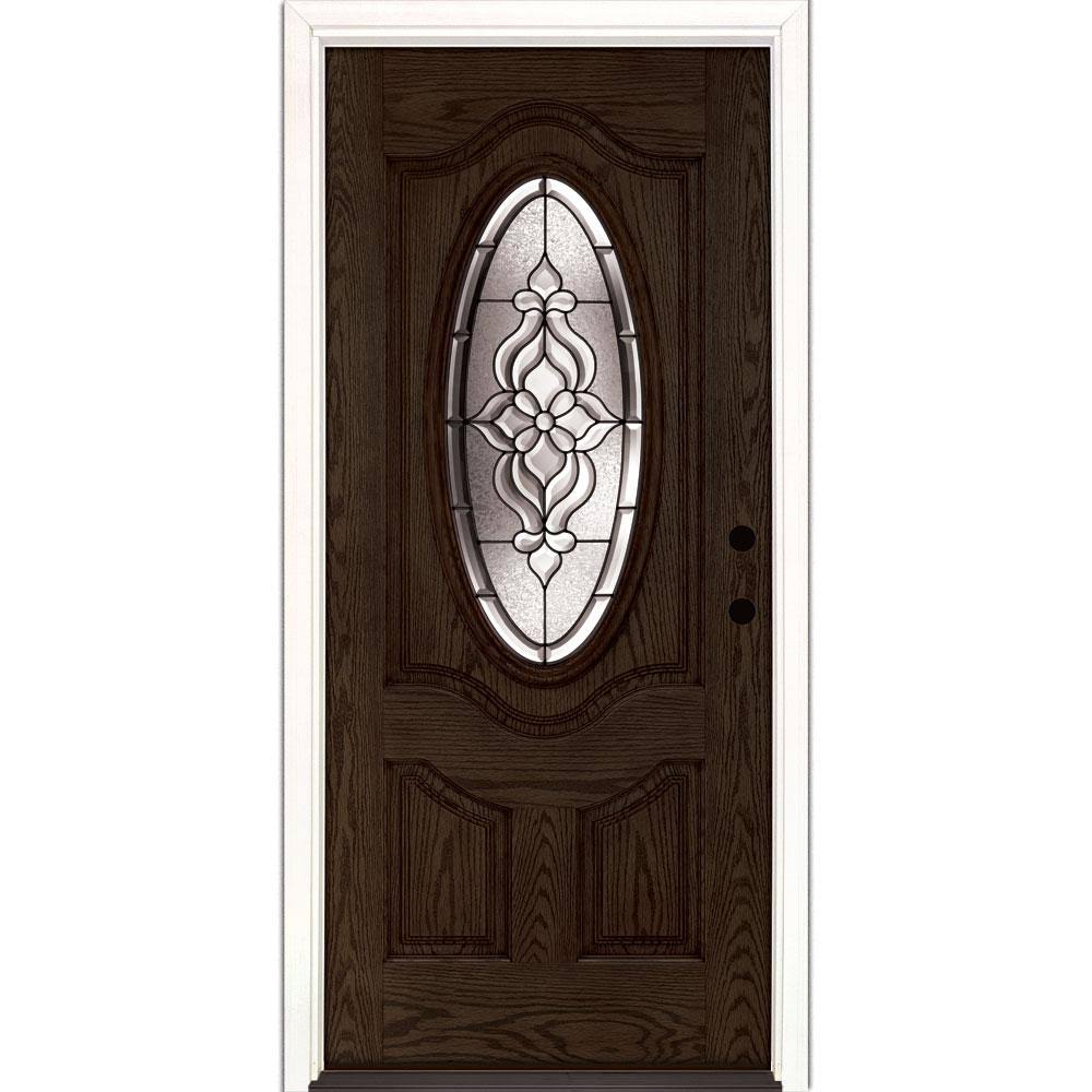37.5 in. x 81.625 in. Patina Stained Walnut Oak Left-Hand Inswing Fiberglass Prehung Door K343601