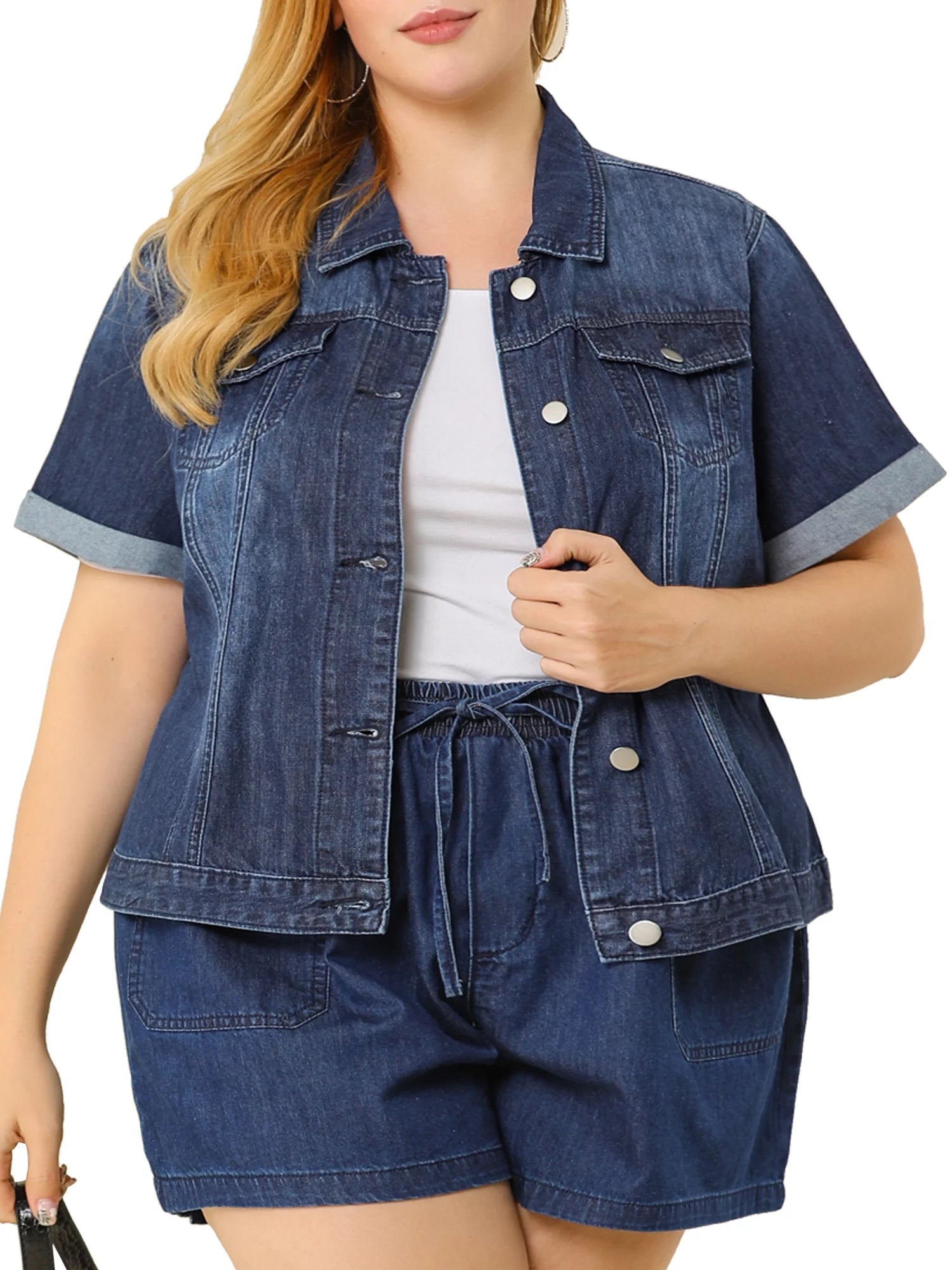 Juniors Plus Size Button Down Crop Denim Jacket Y5302