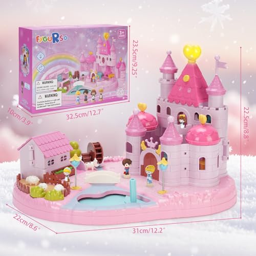 Castle Playset with 4 Magnetic Control Movable Toys, Magnetic Doll House Building Toys with Light & Music（Pink） I5163