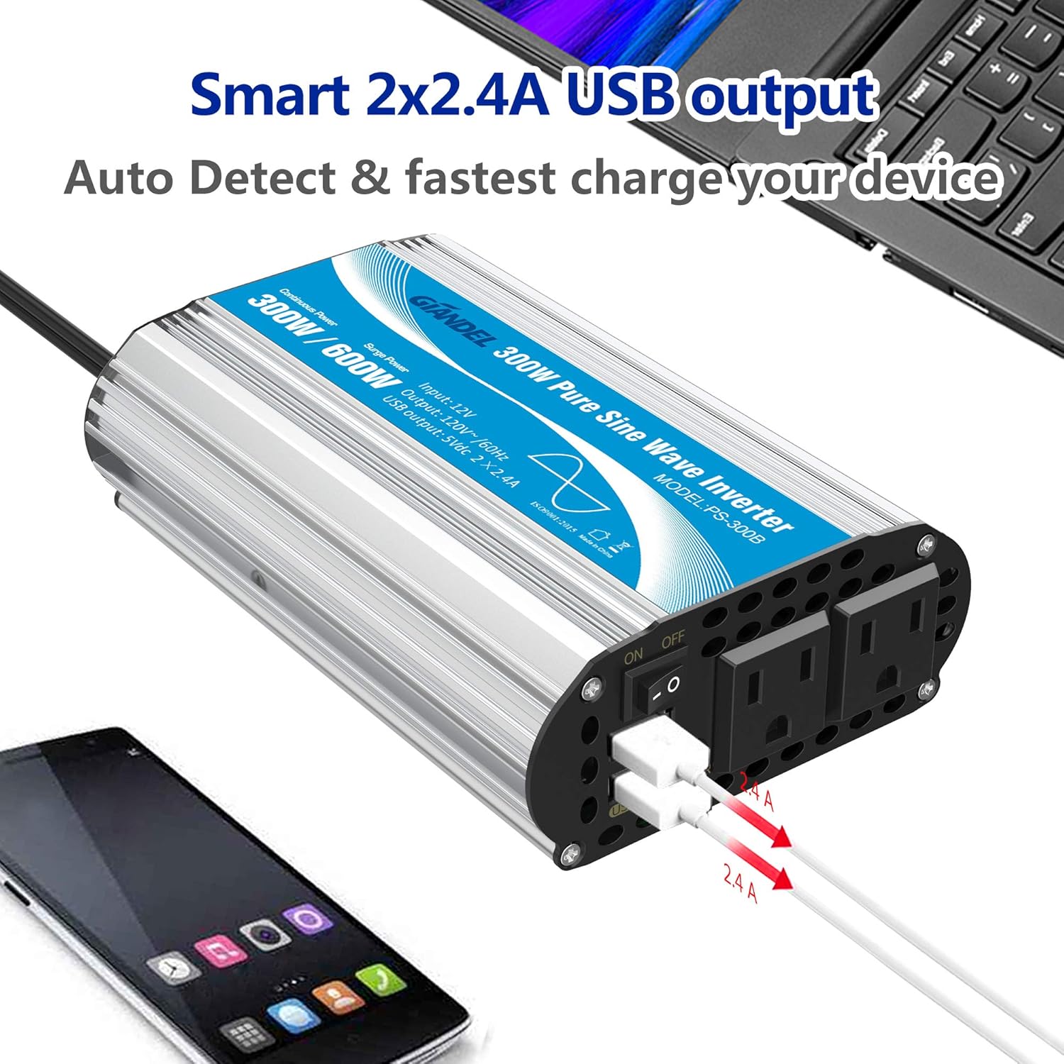600W 12V DC to 110V 120V Pure Sine Wave Power Inverter with Remote Control Dual AC Outlets USB Port X3511