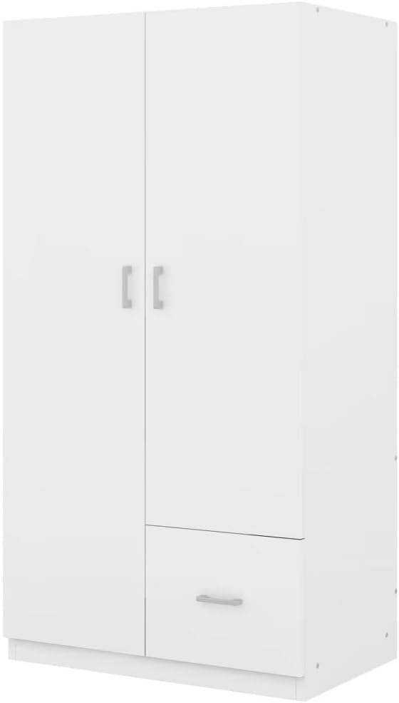 White 2 Door Wood Wardrobe with 5 Fixed Shelves and Hanging Rod J302
