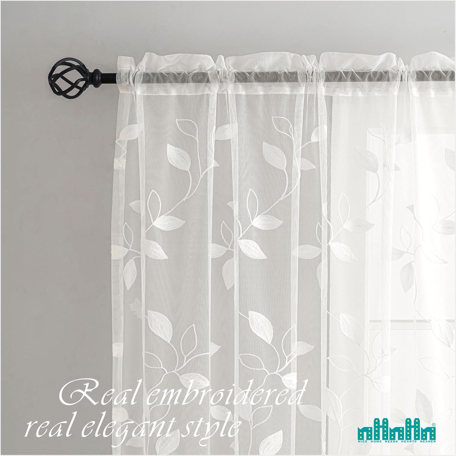 Sheer Curtains 96 inch Length 2 Panels Set, Embroidered Semi Sheer Voile Curtain Panels, Rod Pocket Light Filtering Leaf Sheer Curtains P3598