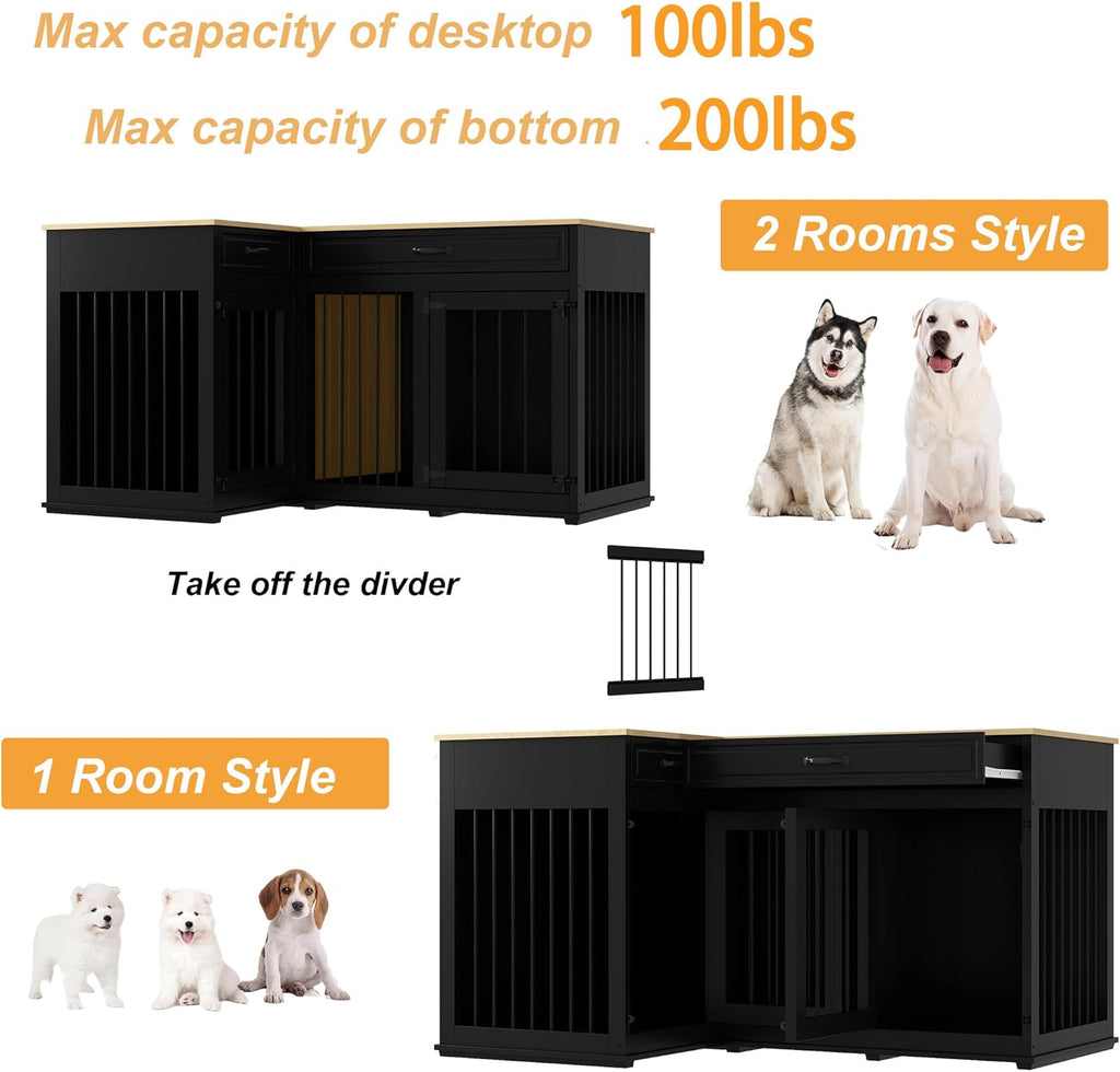 Large Corner Wooden Dog Crate with Double Rooms and Drawers, Black X303075