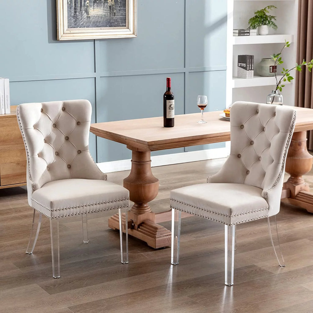 Beige Velvet Dining Chairs Set of 2 with Acrylic Legs M739