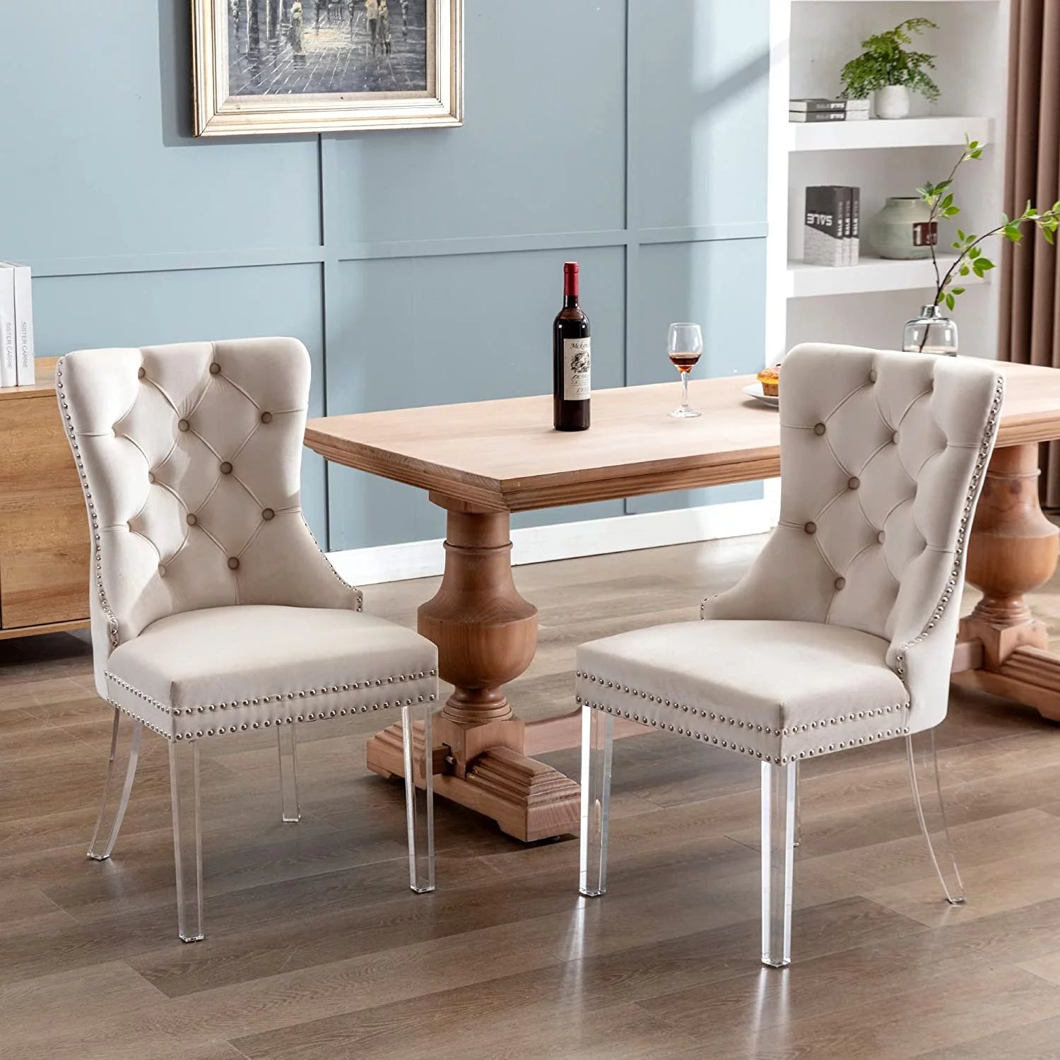 Beige Velvet Dining Chairs Set of 2 with Acrylic Legs M739