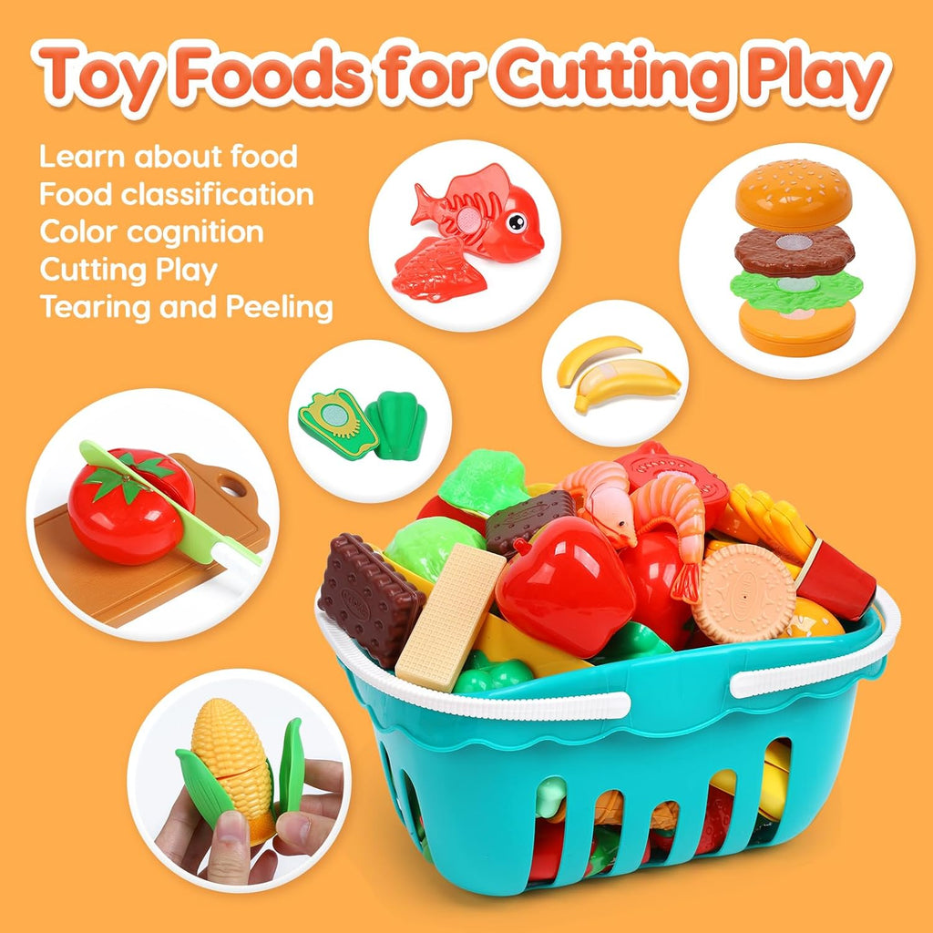 Play Sink with Running Water Electric Faucet Kitchen Sink Toys Pots and Pans Set with Play Food and Storage Basket Y40326