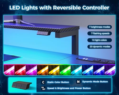 Black L Shaped Gaming Desk with Power Outlet, Height Adjustable Monitor Stand, LED Lights G390350