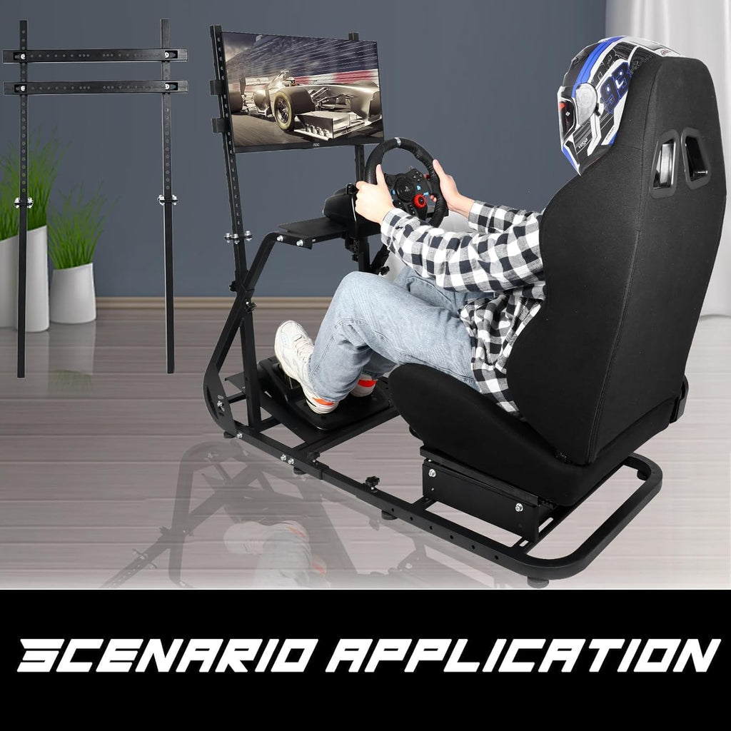 Black Seat TV VR Sim Racing Simulator Cockpit with Monitor Stand G9135