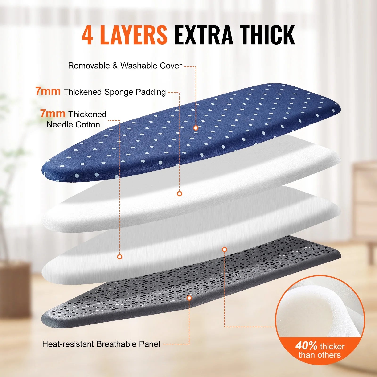 55"x15" Ironing Board with Bottom Storage Tray, 4 Layers, 10 Adjustable Heights, 100% Cotton Cover J9135