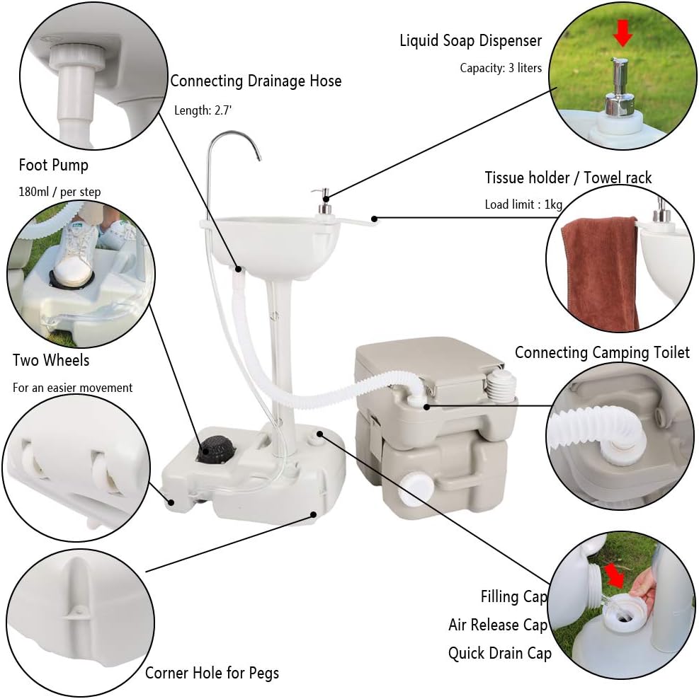 Portable Sink and Toilet Combo, Self-contained 5 Gal Hand Washing Station & 5 Gal Flushing Toilet, Detachable, Compact K412