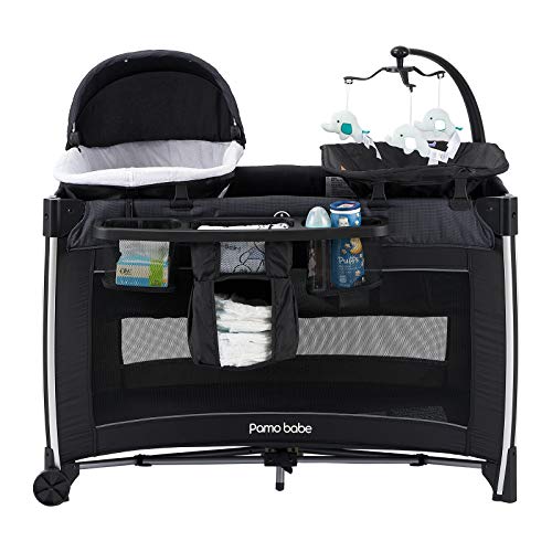 4 in 1 Portable Baby Crib with Bassinet, Mattress, Changing Table (Black) Q6865