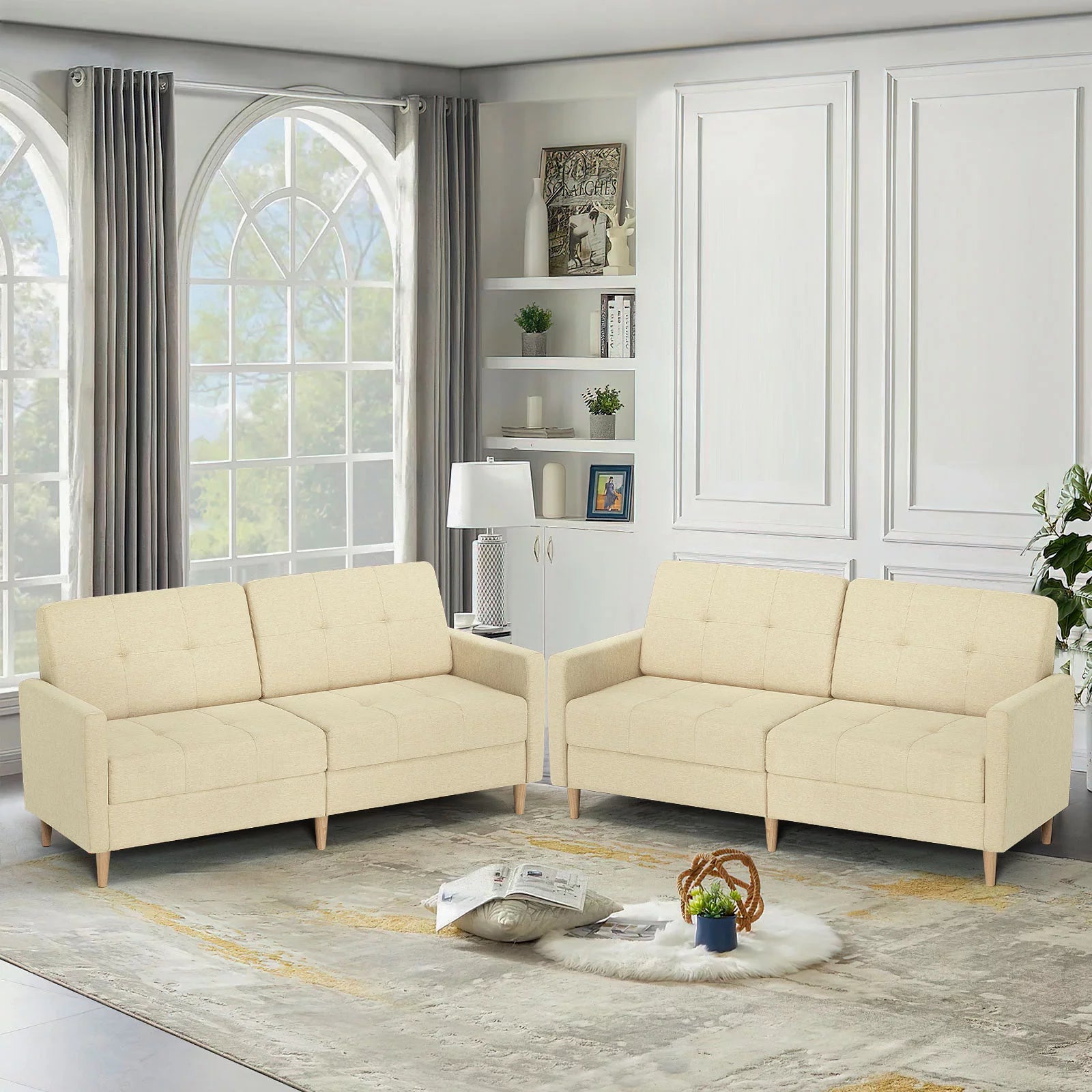 Beige Linen Sleeper Loveseat Sofa with Solid Wooden Frame C672809